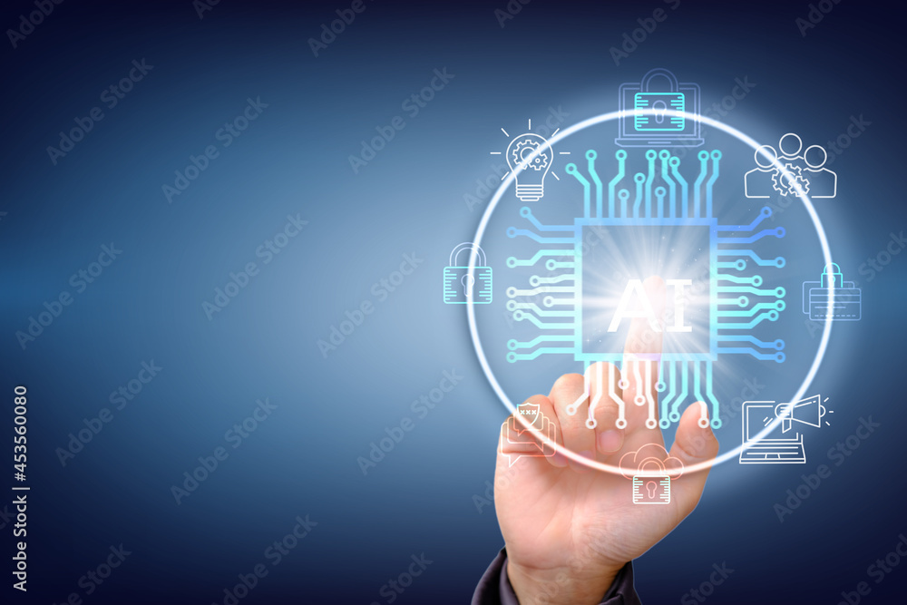 Poster touching virtual reality technology. touch data network. data science with artificial intelligence o