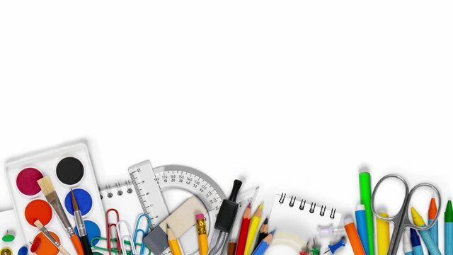 Horizontal composition of colorful school supplies falling downwards. School and Education background with white space. Seamless loop. High quality 4k video.