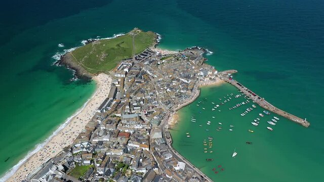 Aerial view of St. Ives, traditional Cornish fishing village, Cornwall, England, United Kingdom