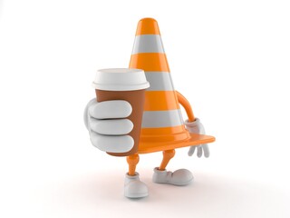 Traffic cone character holding coffee cup