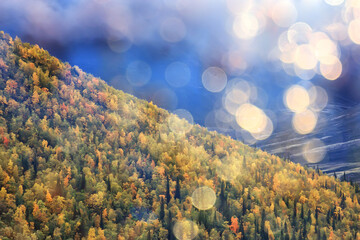 abstract landscape background autumn sun glare defocus bokeh, view sun background