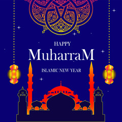 Muharram background, Islamic new year night light theme vector design illustration 02