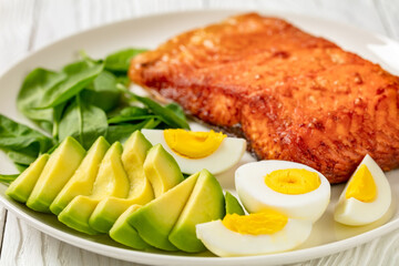 baked salmon fillet with eggs , spinach, avocado