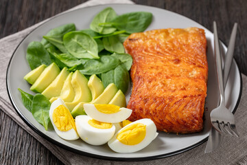 baked salmon fillet with eggs , spinach, avocado