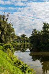 Fototapeta na wymiar Odra river with trees around and Antosovicka lavka bridge in Czech republic
