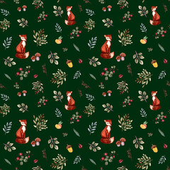 Watercolor autumn background. Seamless pattern with fox, leaves, branches, berries, acorns, mushroom. Hand drawn texture with animal.Greenery nature decorative background perfect for fabric textile. - 453564808