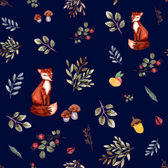 Watercolor autumn background. Seamless pattern with fox, leaves, branches, berries, acorns, mushroom. Hand drawn texture with animal.Greenery nature decorative background perfect for fabric textile. - 453564850