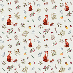Watercolor autumn background. Seamless pattern with fox, leaves, branches, berries, acorns, mushroom. Hand drawn texture with animal.Greenery nature decorative background perfect for fabric textile. - 453564887