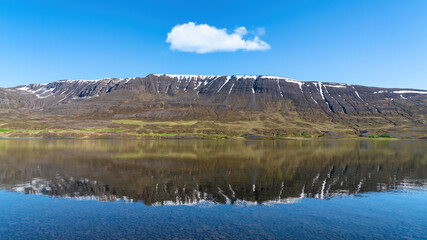 Lake Ljosavatn, also called mirror lake in North Iceland near Akureyri on a summer day. Reflection of the mount is clearly seen on the lake