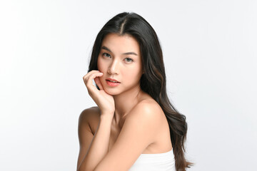 Fototapeta premium Beautiful young asian woman with clean fresh skin on white background, Face care, Facial treatment, Cosmetology, beauty and spa, Asian women portrait.