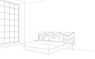 Comfortable sofa with pillows in the interior of a spacious living room. outline illustration, 3d sketch