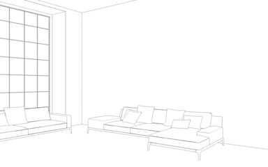 Comfortable sofa with pillows in the interior of a spacious living room. outline illustration, 3d sketch