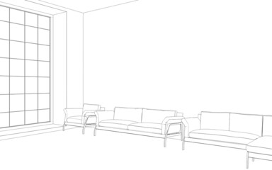 Comfortable sofa with pillows in the interior of a spacious living room. outline illustration, 3d sketch