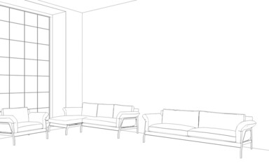 Comfortable sofa with pillows in the interior of a spacious living room. outline illustration, 3d sketch