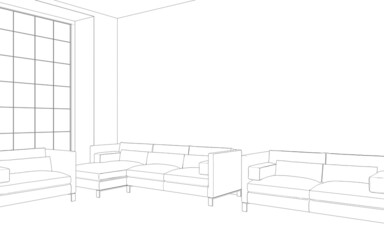 Comfortable sofa with pillows in the interior of a spacious living room. outline illustration, 3d sketch