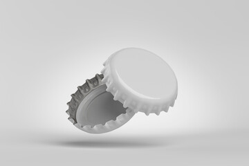 White beer caps on gray background, 3D rendering.