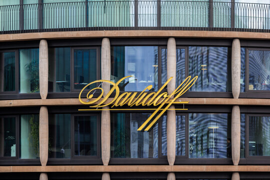 Basel, Switzerland -  August 23. 2021: The exterior of the Maison Davidoff - the headquarter of the Swiss brand of cigars, cigarettes and smoker's accessories. The supporting pillars are like cigars
