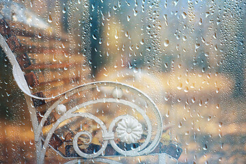 rain autumn landscape view park bench, rain drops concept sad mood depression seasonal