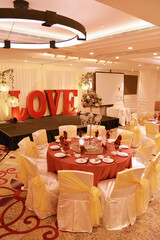 luxury wedding rom banquet sit down buffet party catering with flower decoration fusion halal menu at beautiful hotel restaurant vip ballroom