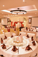 luxury wedding rom banquet sit down buffet party catering with flower decoration fusion halal menu at beautiful hotel restaurant vip ballroom