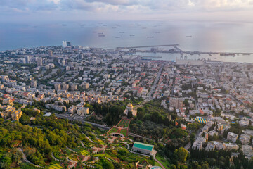 The Bahai Temple and Gardens of Haifa, Israel - Aerial view.