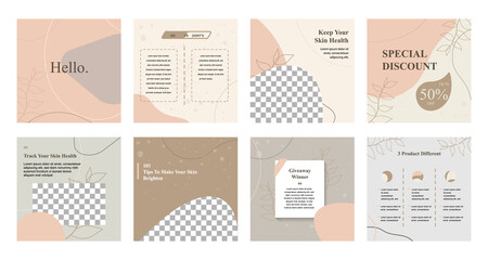 Minimal modern fashion and beauty social media post banner collection kit in pink color. Including sale, photo isolated product display, tips template layout design with botanical leaf elements.