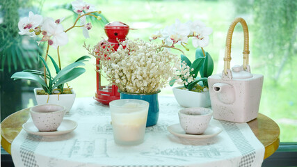  Tea and coffee and relax time Idea .Cup ,pot, and object decoration on table        