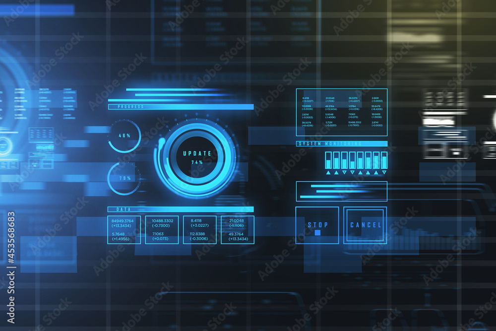Poster digital interface with hologram of hud with buttons update, system