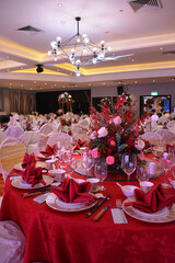 luxury wedding rom banquet sit down buffet party catering with flower decoration fusion halal menu at beautiful hotel restaurant vip ballroom