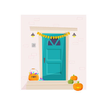 Front Door And Porch To Halloween.  Basket With Sweets And Pumpkins As Decoration.  Vector Illustration.