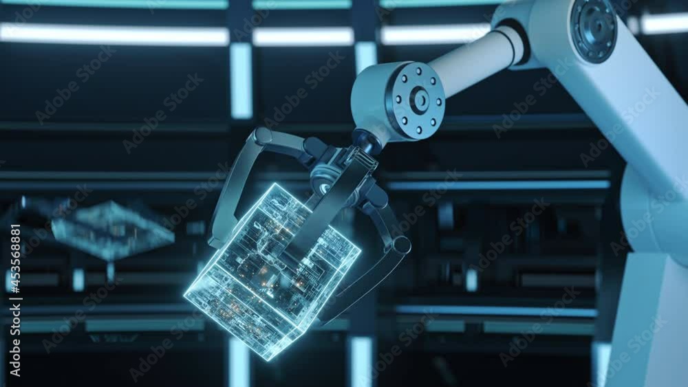 Poster mechanical arm and cube in a futuristic room, 3d rendering.
