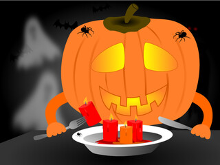 Halloween pumpkin eats burning candles. In the background, ghosts, a vampire, bats and spiders. © nrbrt