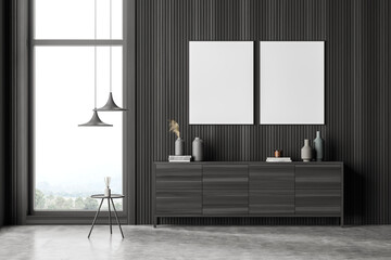 Two posters in a minimalist panoramic grey living room with pendant lamps