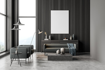 Poster in a dark grey panoramic living room with green furnishing