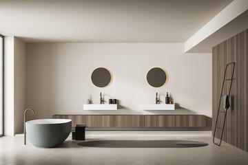 Fototapeta na wymiar Bright bathroom interior with bathtub, panoramic window, carpet, concrete floor