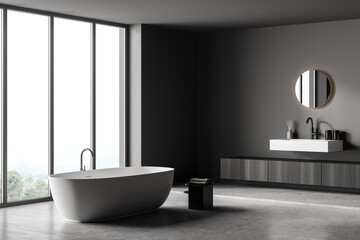 Fototapeta na wymiar Dark bathroom interior with bathtub, panoramic window, carpet, concrete floor
