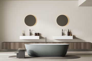 Naklejka na ściany i meble Bright bathroom interior with bathtub, carpet and two round mirrors