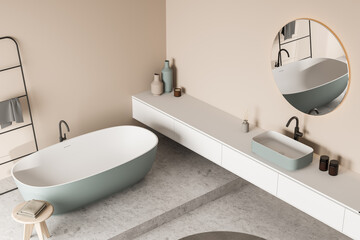 Top view of minimalist beige and green bathroom
