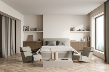 Modern simple beige bedroom with comfy armchairs