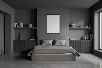 Modern dark grey bedroom with a poster