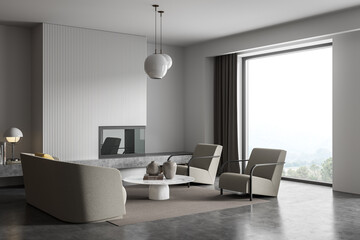 White and grey living room with beige furniture. Corner view.