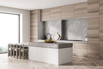 Corner view on kitchen room interior with panoramic window