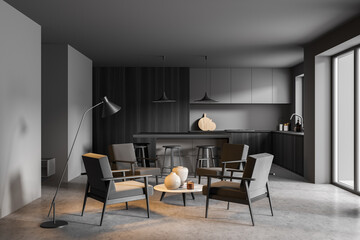 Dark grey kitchen with armchairs in a seating area with coffee table