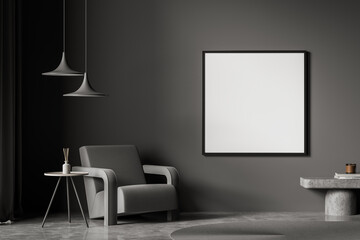 Square poster with one armchair in living room, dark grey