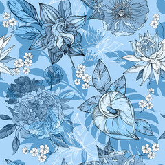 Blue monochrome hand draw seamless pattern with elegant flowers, blossoming floral elements