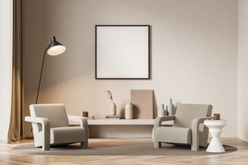Beige living room with two armchairs and a square poster