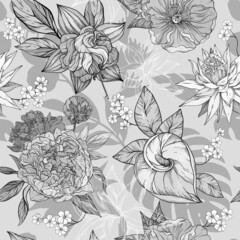 Monochrome black and white hand draw seamless pattern with elegant flowers, blossoming floral elements