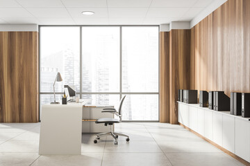 Side view on office interior with panoramic window