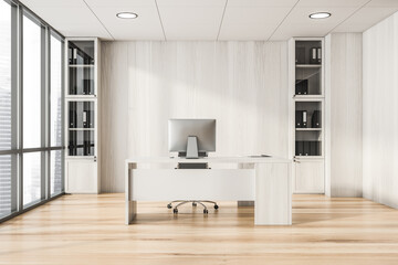 Bright office room interior with panoramic window with city skyscraper