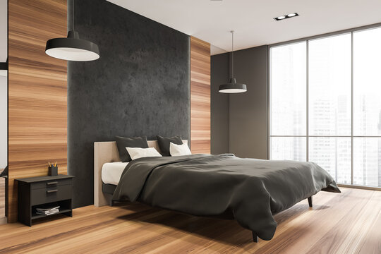 Panoramic wooden and black stone bedroom. Corner view.